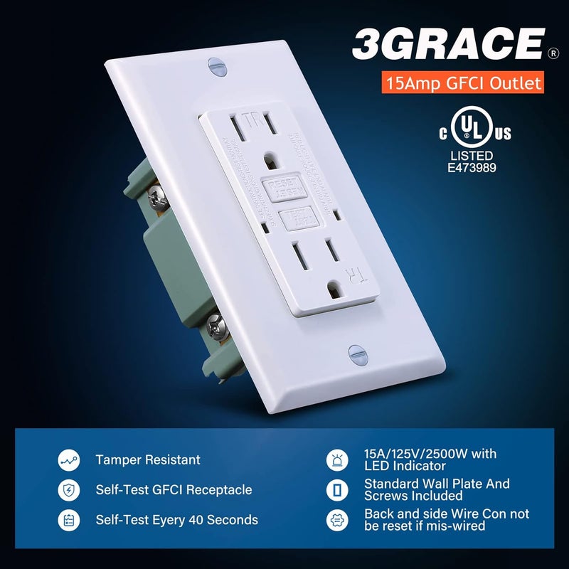 3GRACE 15 Amp GFCI Outlet, Tamper-Resistant GFI Receptacle with LED Indicator, Self-Test Ground Fault Circuit Interrupter, Decorator Wall Plates and Screws Included, UL Listed, White（1 Pack） - Image 2